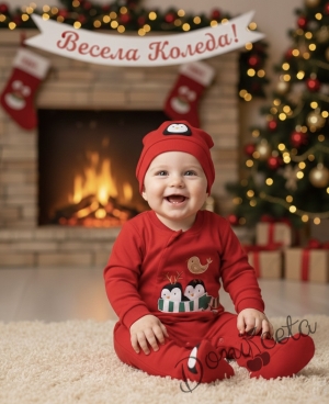 Коледен комплект от бебешки гащеризон в червено и шапка 