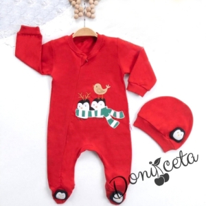 Коледен комплект от бебешки гащеризон в червено и шапка 