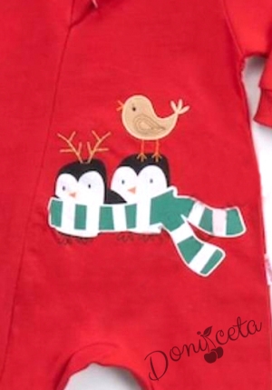 Коледен комплект от бебешки гащеризон в червено и шапка 
