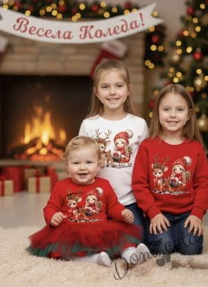 Ватирана коледна бебешка рокля в червено с еленче и момиченце и тюл в червено и зелено