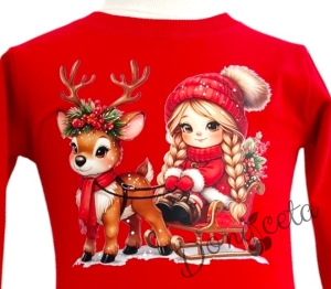 Ватирана коледна бебешка рокля в червено с еленче и момиченце и тюл в червено и зелено