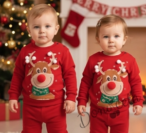 Ватиран коледен детски комплект от блуза и панталон в червено с 3D еленче