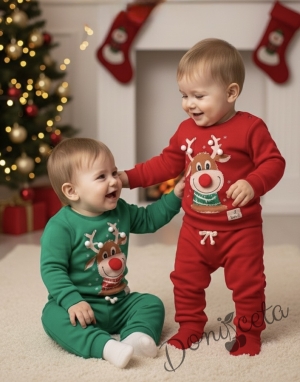 Ватиран коледен детски комплект от блуза и панталон в червено с 3D еленче