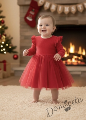 Бебешка рокля в червено с дълъг ръкав с къдрички и тюл Оливия