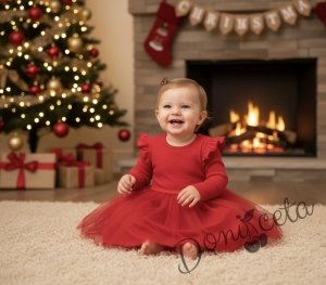 Бебешка рокля в червено с дълъг ръкав с къдрички и тюл Оливия