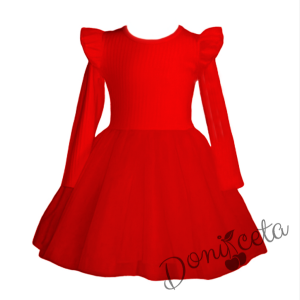 Детска рокля в червено с дълъг ръкав с къдрички и тюл Оливия 2