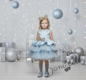 Коледна детска рокля в светлосиньо с тюл и панделка в златисто