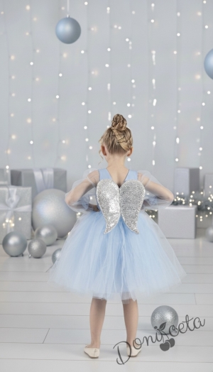 Официална детска рокля Рангелина  с дълъг прозрачен ръкав в синьо с ангелски крила