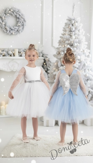 Официална детска рокля Рангелина  с дълъг прозрачен ръкав в синьо с ангелски крила