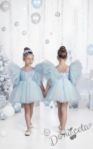 Официална празнична детска къса рокля с тюл в светлосиньо Луиза с диадема от колекция Светлосияна