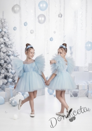 Официална празнична детска къса рокля с тюл в светлосиньо Луиза с диадема от колекция Светлосияна