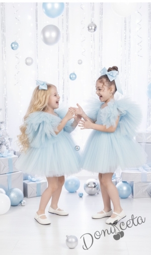 Официална празнична детска къса рокля с тюл в светлосиньо Луиза с диадема от колекция Светлосияна
