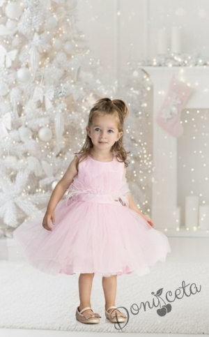 Празнична детска рокля Анелия  с тюл и пера в розово от колекция Розовина