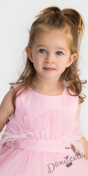 Празнична детска рокля Анелия  с тюл и пера в розово от колекция Розовина