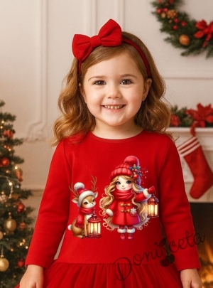 Ватирана коледна рокля в червено с коледна картинка и тюл в червено и зелено