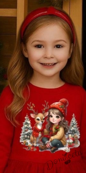 Ватирана коледна рокля в червено с коледна картинка с момиченце и сърничка и тюл в червено и зелено