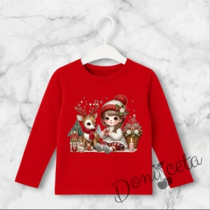 Детска коледна блуза в червено с момиченце и весело еленче