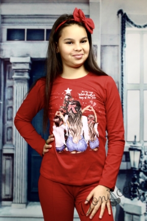 Коледна детска блуза с дълъг ръкав в червено с коледни мотиви