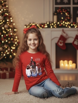 Коледна детска блуза с дълъг ръкав в червено с коледни мотиви