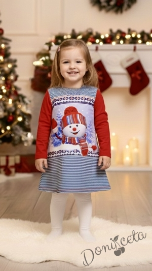 Коледна детска права рокля с дълъг ръкав със снежен човек