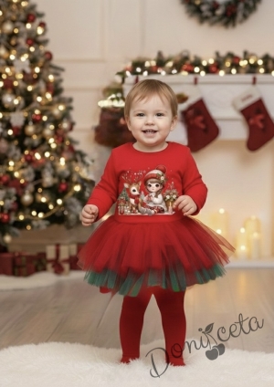 Ватирана коледна рокля в червено с коледна картинка с момиченце и сърничка и тюл в червено и зелено