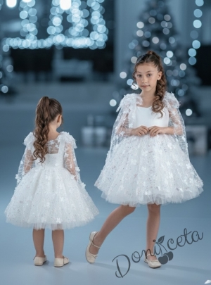 Детска официална рокля в бяло и тюл на цветя и шарени детайли Роузи