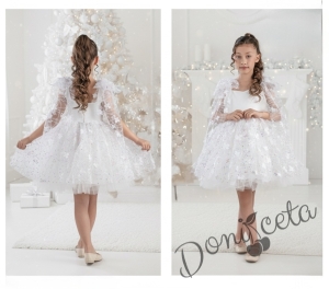 Детска официална рокля в бяло и тюл на цветя и шарени детайли Роузи