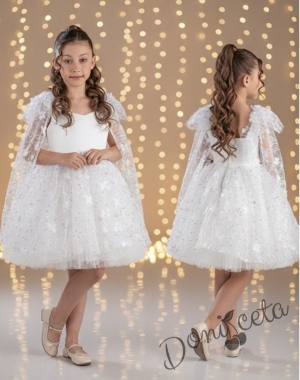 Детска официална рокля в бяло и тюл на цветя и шарени детайли Роузи