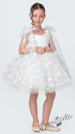 Детска официална рокля в бяло с панделки по ранете и тюл на цветя и шарени детайли Роузи 1