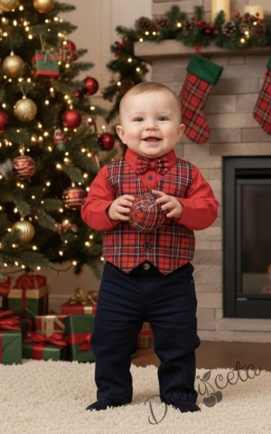  Комплект Карена от детска бебешка с дълъг ръкав  в червено за момче с елек в каре и папийонка