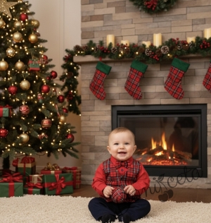  Комплект Карена от детска бебешка с дълъг ръкав  в червено за момче с елек в каре и папийонка