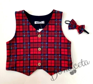  Комплект Карена от детска бебешка с дълъг ръкав  в червено за момче с елек в каре и папийонка
