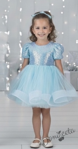 Официална празнична детска рокля с къс ръкав в светлосиньо с пайети Людмила от колекция Светлосияна