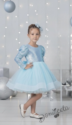 Официална детска къса рокля с дълъг ръкав в светлосиньо с пайети Людмила с панделка за коса  от колекция Светлосияна