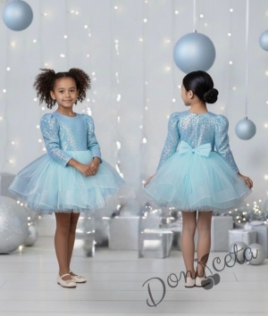 Официална детска къса рокля с дълъг ръкав в светлосиньо с пайети Людмила с панделка за коса  от колекция Светлосияна