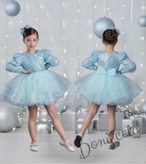 Официална детска къса рокля с дълъг ръкав в светлосиньо с пайети Людмила с панделка за коса  от колекция Светлосияна