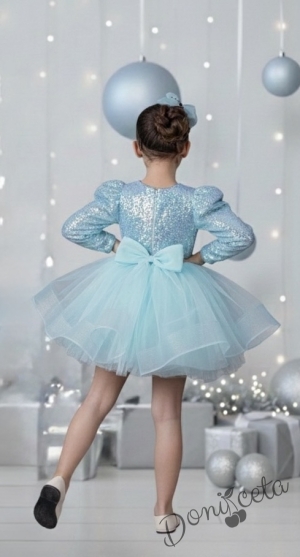 Официална детска къса рокля с дълъг ръкав в светлосиньо с пайети Людмила с панделка за коса  от колекция Светлосияна