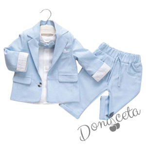 Бебешки комплект за момче от 4 части в светлосиньо - сако, панталон, риза в бяло и папийонка 1