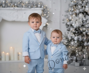 Детски комплект за момче от 4 части в светлосиньо - сако, панталон, риза в бяло и папийонка от колекция Светлосияна