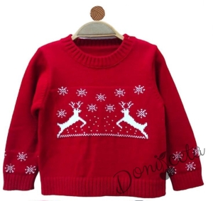 Детски коледен пуловер в червено за момче или момиче с еленчета