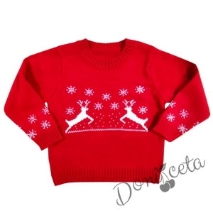 Детски коледен пуловер в червено за момче или момиче с еленчета