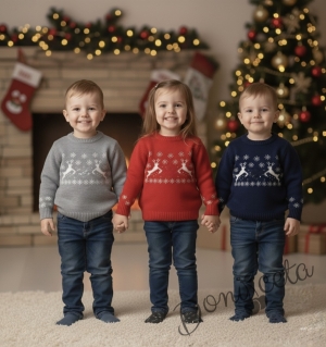Детски коледен пуловер в червено за момче или момиче с еленчета