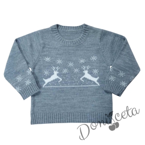 Детски коледен пуловер в сиво за момче с еленчета