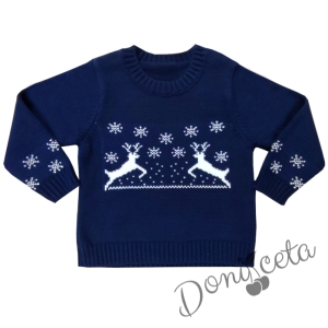 Детски коледен пуловер в тъмносиньо за момче с еленчета