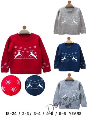 Детски коледен пуловер в тъмносиньо за момче с еленчета