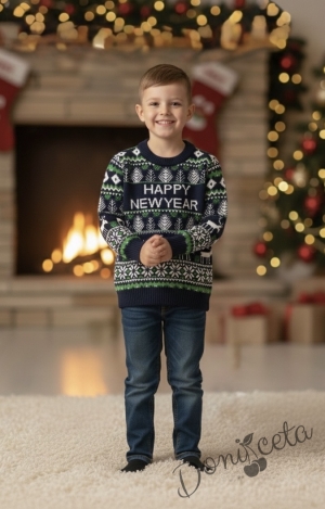 Детски коледен пуловер с коледни мотиви в зелено и тъмносиньо с еленчета