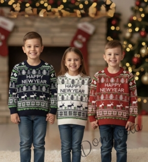 Детски коледен пуловер с коледни мотиви в зелено и тъмносиньо с еленчета