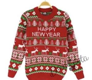 Детски коледен пуловер в червено с коледни мотиви и зелено с еленчета