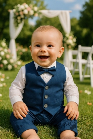 Бебешки официален комплект с елек за момче от 4 части - риза в бяло, панталон, елек и папийонка в тъмносиньо