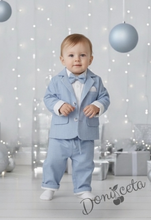 Бебешки елегантен комплект за момче от 4 части - боди-риза в бяло с панталон, сако и папийонка в светлосиньо 